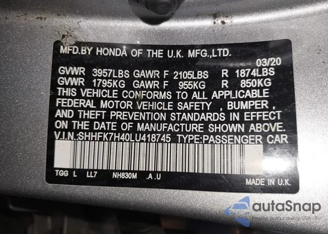 2020 Honda Civic Sport z USA, uszkodzony, nr VIN SHHFK7H40LU418745